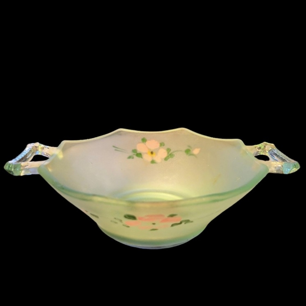 Vtg Lancaster Glass Frosted Satin Green with hand painted flowers